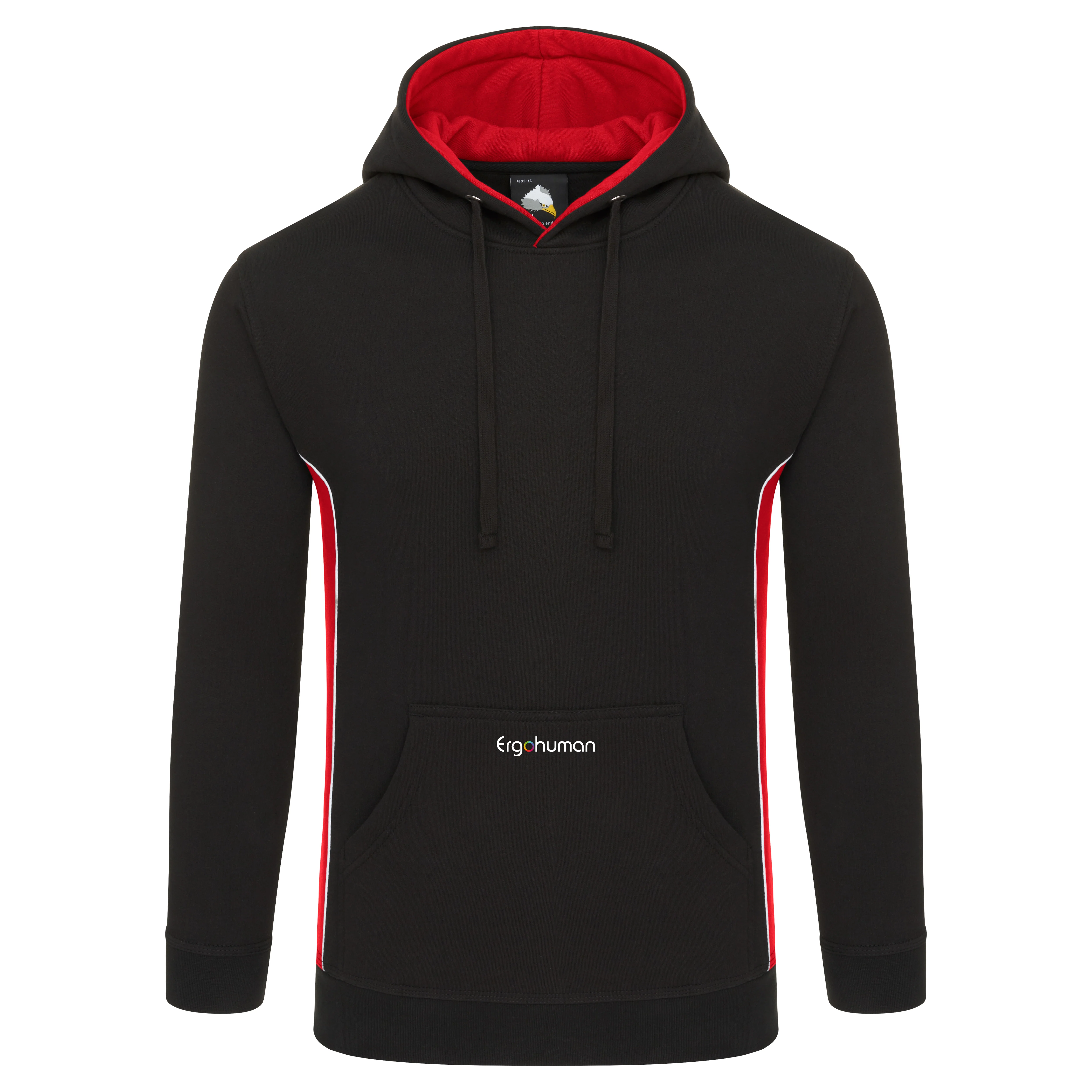 Ergohuman hoodie, black with red and white, size extra large