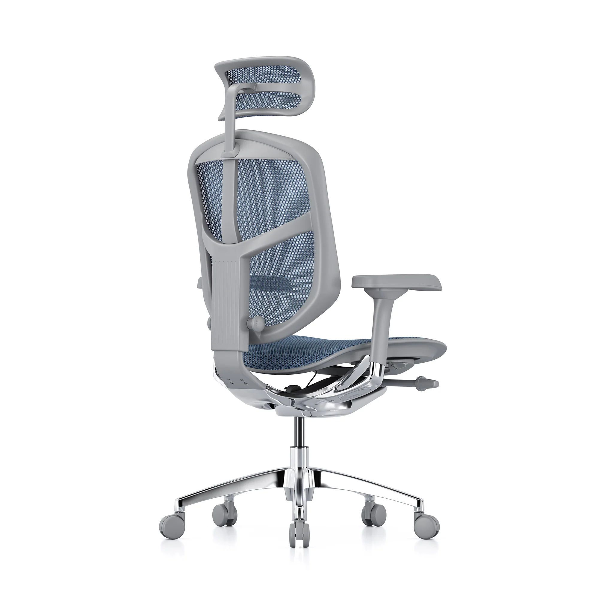 Open-box Enjoy office chair with headrest, blue mesh, grey frame – Excellent - Image 4